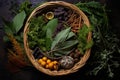 top view of a basket filled with wild edibles