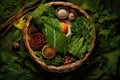 top view of a basket filled with wild edibles