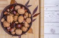 Top view of a basket full of chestnuts, walnuts, hazelnuts, almonds Royalty Free Stock Photo