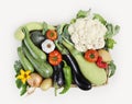 Top view basket of vegetables, cauliflower, tomatoes, zucchini, Royalty Free Stock Photo