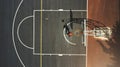 Top view, basketball court or man scoring goals in fitness workout, training or exercise for health, wellness or heart