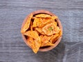 top view of basreng or spicy chips made from fried baso. A typical Sundanese, Indonesian spicy crispy snack