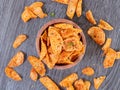 top view of basreng or spicy chips made from fried baso. A typical Sundanese, Indonesian spicy crispy snack