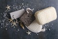 Top view of bath tools, sea salt, starfishes on the rustic grey surface.Pumice, eco sponges
