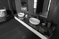 Top view of bathroom interior with sink and mirror, accessories on deck Royalty Free Stock Photo