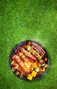 Top view of bbq grill, grilled meat, vegetables, mushrooms with flames and smoke. Placed on green grass lawn, vertical