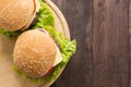 Top view bbq hamburger on the wooden background Royalty Free Stock Photo