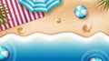 top view beach background with umbrellas,balls,swim ring. Vector illustration Royalty Free Stock Photo