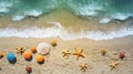 top view beach background with umbrellas balls swimring Royalty Free Stock Photo