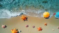 top view beach background with umbrellas balls swimring Royalty Free Stock Photo