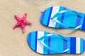 Top view beach flip flops sand Royalty Free Stock Photo
