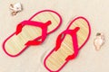 Top view beach flip flops sand Royalty Free Stock Photo