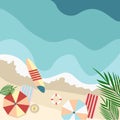 Top view on beach sand and colorful beach sun umbrellas sea surf Royalty Free Stock Photo