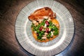 Top view Bean Salad with red beans, chick peas, cannellini beans, kale, cottage cheese, roast chicken