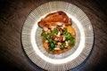 Top view Bean Salad with red beans, chick peas, cannellini beans, kale, cottage cheese, roast chicken
