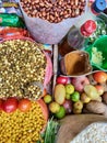 Top view of beans, vegetables and spices, ready to make a delicious Nepali snack item