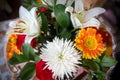 Top view of a beautiful bouquet made up of lilies, roses, chrysanthemums and gerberas for the holiday Royalty Free Stock Photo