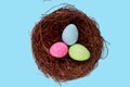 Top view of beautiful colorful Easter eggs in bird nest on blue background, decoration and celebration Easter and spring beginning Royalty Free Stock Photo