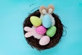 Top view of beautiful colorful Easter eggs wearing bunny rabbit ears headband in bird nest on blue background, decoration and Royalty Free Stock Photo