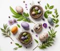 Top view beautiful Easter composition with spring flowers and colorful quail eggs white background, Easter concept, generated ai Royalty Free Stock Photo