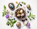 Top view beautiful Easter composition with spring flowers and colorful quail eggs white background, Easter holiday concept Royalty Free Stock Photo