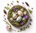 Top view beautiful Easter composition with spring flowers and colorful quail eggs white background, Easter holiday concept Royalty Free Stock Photo