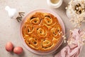 Top view of beautiful Easter yeast roll cake or bread with custard pastry cream Royalty Free Stock Photo