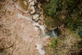 Top view of beautiful flowing forest river in Georgia. Martvili canyon. Okatse canyon