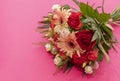 Top View Beautiful Fresh Bouquet Of Flowers For Bride Or Occasion On Pink Table, Copy Royalty Free Stock Photo