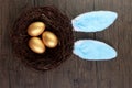 Top view of beautiful golden Easter eggs in bird nest with blue bunny rabbit ears headband on rustic brown wooden surface Royalty Free Stock Photo