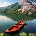The top view is beautiful green nature panorama with red lotus flower on the lak...