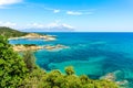 Top view of beautiful lagoon on Sithonia peninsula with view of Mount Athos