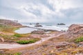 Top view of beautiful landscape in fog, people walking along Ocean Beach, San Francisco. Pacific Ocean. Royalty Free Stock Photo