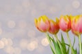 Top view of beautiful pink, yellow tulips on blue background with bokeh. Greeting card. 8 March. Mother`s Day. Happy Women. Royalty Free Stock Photo