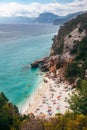 Top view of beautiful sandy beach Cala Fuili with clear sea water in Sardinia