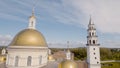 Top view of beautiful temple with Golden domes and bell tower in summer. Stock footage. Golden domes of light temple Royalty Free Stock Photo
