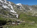 Top view of beautiful wetland with spring stream, alpine mountain meadow called Paradies with lush green grass and snow Royalty Free Stock Photo