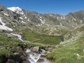 Top view of beautiful wetland with wild stream cascade, alpine mountain meadow called Paradies with lush green grass and Royalty Free Stock Photo