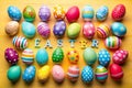 Decorated Easter eggs and space for text on color background, top view Royalty Free Stock Photo