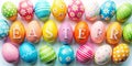 Decorated Easter eggs and space for text on color background, top view Royalty Free Stock Photo