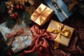 top view of beautifully wrapped gifts under the tree