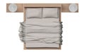 Top view of bed with wood frame on white background