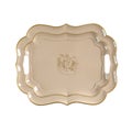 Top view of a beige, golden tray on a white background