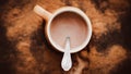 Top view of a beige mug with warm delicious cocoa with milk and a teaspoon with a pattern. A delicate drink for breakfast in cold