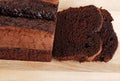 Top view belgium chocolate cake loaf focus on slic