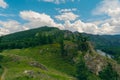 Top view of the Bely Ius mountain river in Khakassia on a sunny summer day