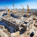 Top view on big construction site with cranes and industrial machines at bright sunny day.