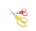 Top view,big yellow scissors and small red scissors isolated on white background with clipping path Royalty Free Stock Photo