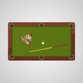 Top view of billiard table. Billiard balls and cue. Royalty Free Stock Photo