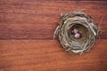 Top view of Bird`s nest with eggs on wooden background free space for text Royalty Free Stock Photo
